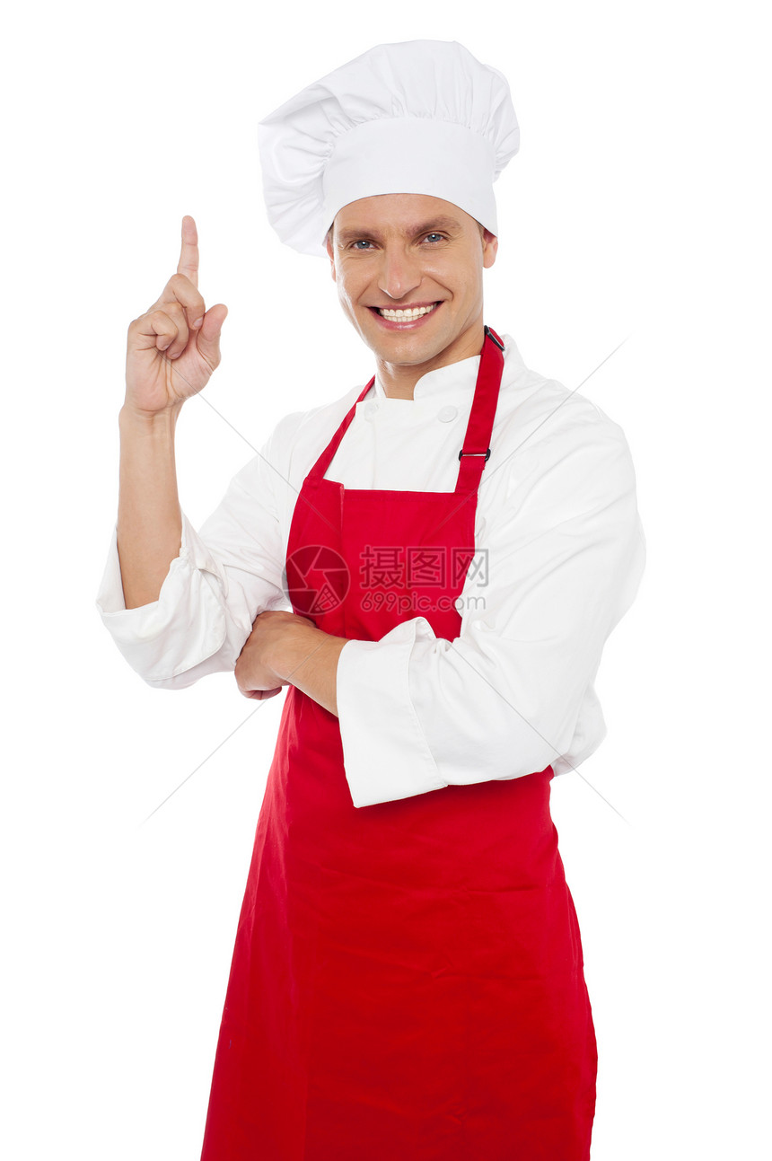 笑笑的厨师展示食指餐饮服务厨房餐厅面包师职业酒店男人男性工作图片