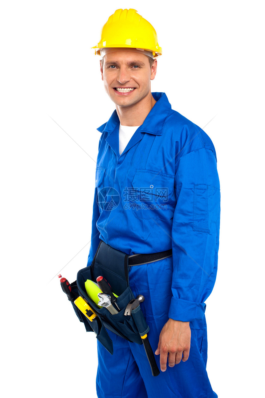 年轻笑笑的工业承包商腰部男人商业建造安全安全帽修理工工具建设者卷尺图片