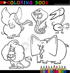 彩色大象用于彩色书或页面的动物鸵鸟孩子们填色铅笔游戏染色乐趣动物园快乐幼儿园插画