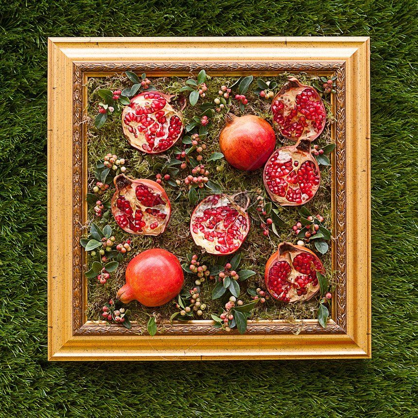 石榴谷物装饰种子框架热带边界果汁维生素风格花园图片