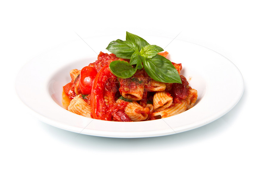 意大利面加西红柿和烤肉餐厅午餐蔬菜盘子营养厨房晚餐面条食物产品图片