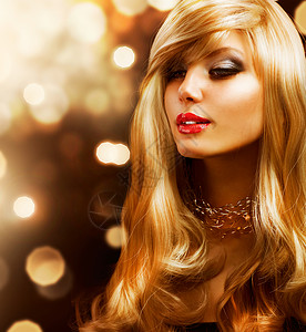 时装女郎 金色头发 金色背景发型卷曲女性金子造型金发嘴唇奢华沙龙海浪闪烁高清图片素材