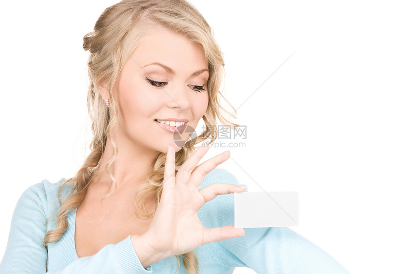 拥有名片的快乐女孩商业白色广告空白女性卡片蓝色微笑金发女郎商务图片