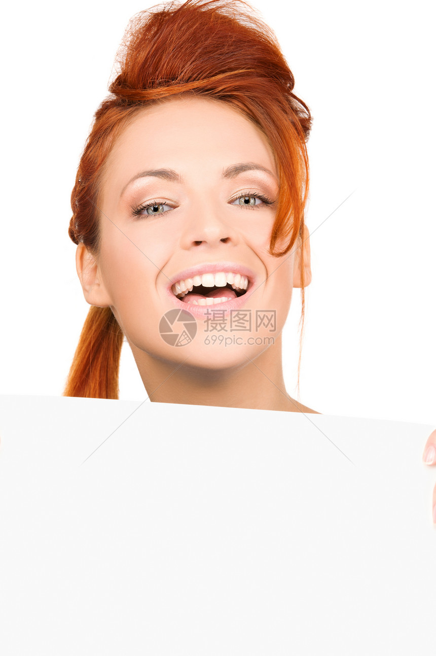 满满白板的幸福妇女床单女孩推介会快乐木板微笑展示卡片女性广告图片