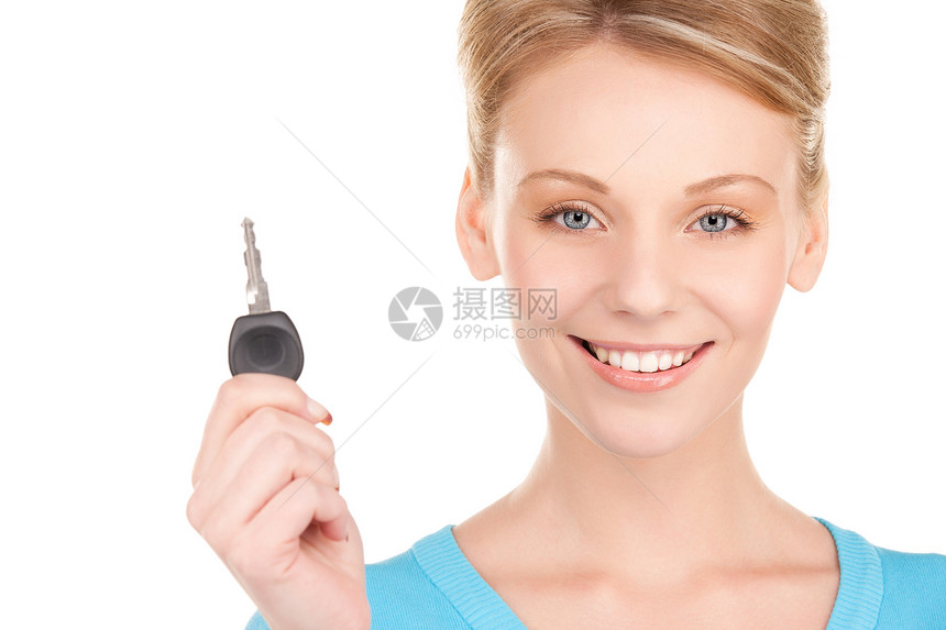 带车钥匙的快乐女人白色车辆幸福女孩金发女郎蓝色微笑女性财产图片