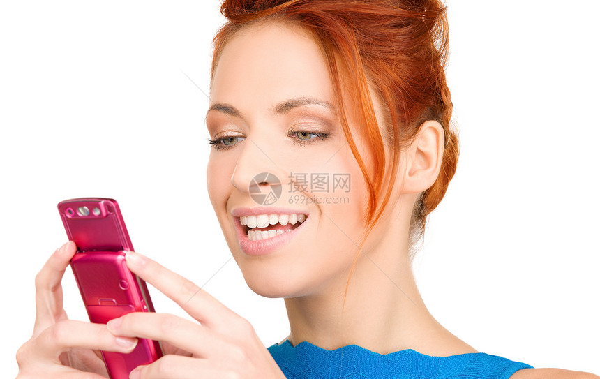 拥有手机的幸福妇女冲浪细胞电子邮件八卦上网阅读女性微笑技术电话图片