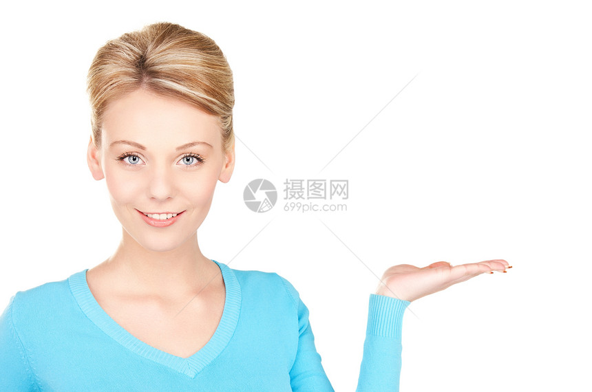 椰枣上的东西福利白色微笑金发女郎棕榈女孩蓝色手势商务广告图片