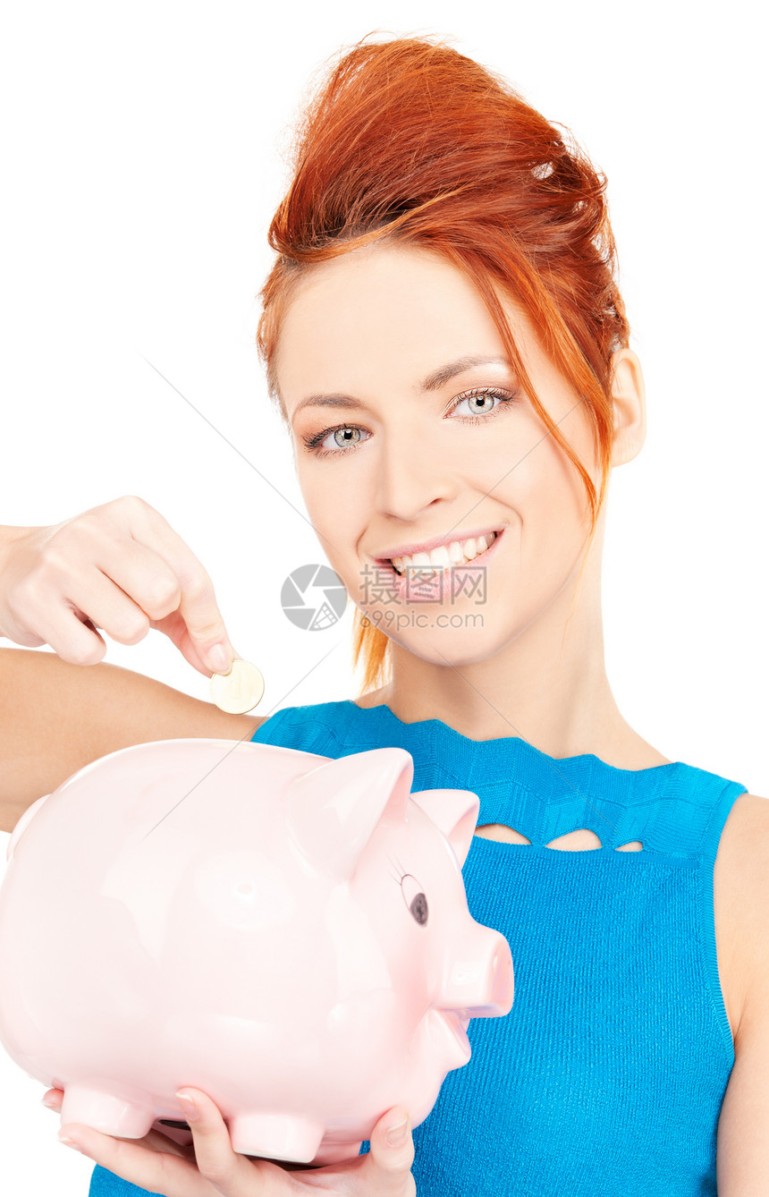 可爱的有小猪银行的女人女性财政小猪成人经济投资银行女孩现金幸福图片