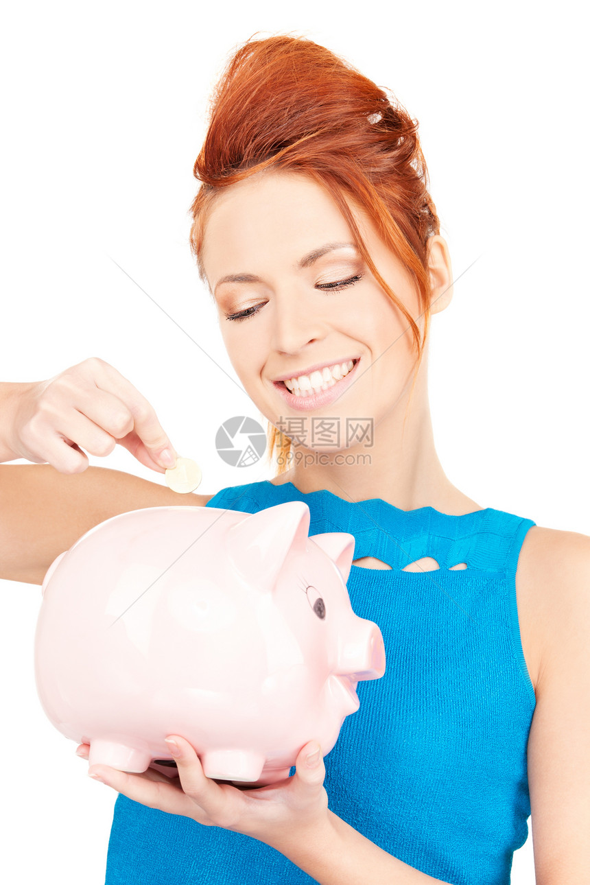 可爱的有小猪银行的女人投资微笑金融银行小猪幸福蓝色女性硬币经济图片