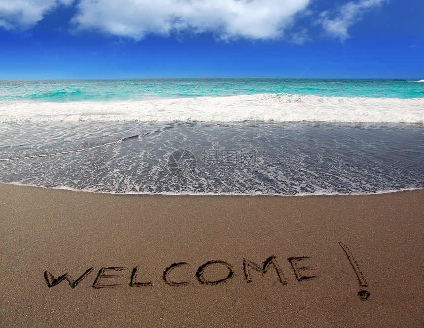 棕沙滩 写字欢迎支撑情调旅行泡沫地标打印太阳蓝色场景水晶图片