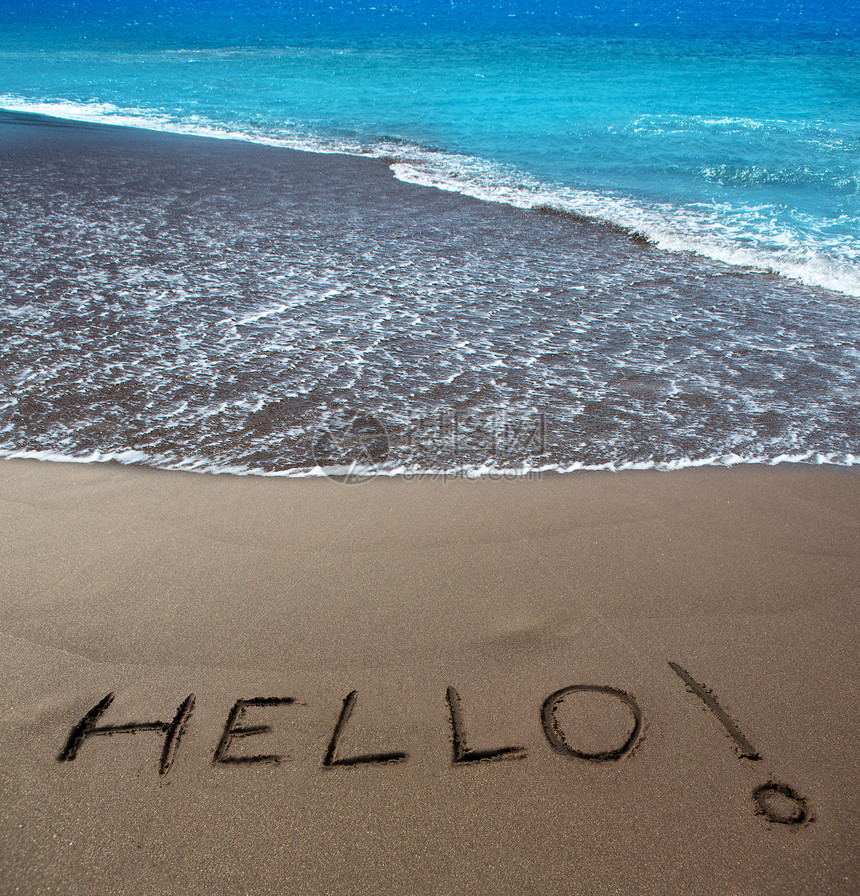 棕色沙滩 写字波纹旅行蓝色泡沫假期阳光场景晴天水晶海洋图片
