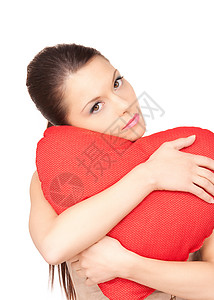 红色女人的红心形枕头 在白色之上悲哀女性成人女孩寂寞悲伤黑发孤独心形背景图片