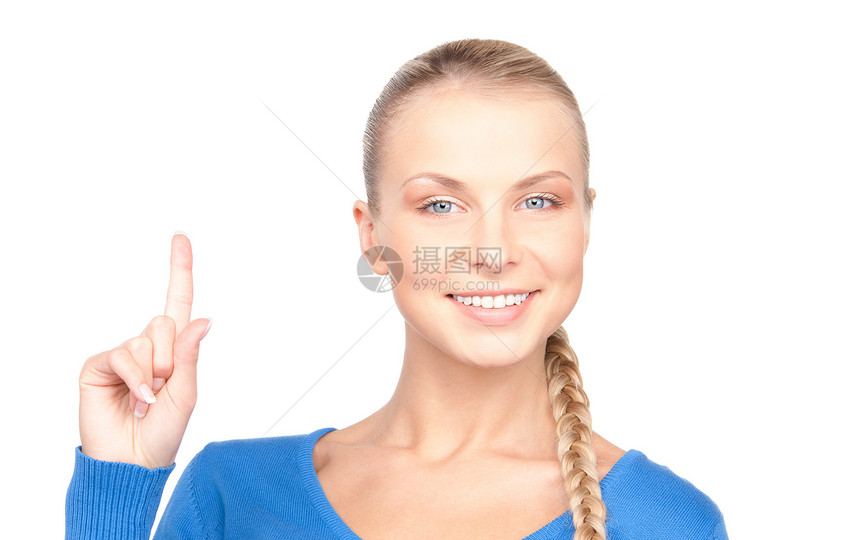 女人的手指举起她的手指快乐商务注意力人士手势微笑手臂生长蓝色公告图片