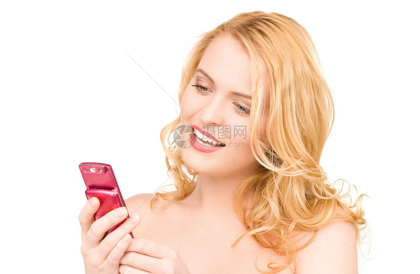 拥有手机的幸福妇女商业邮件电子邮件技术短信金发女郎微笑电话呼唤冲浪图片