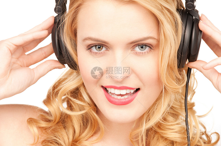 在耳机中快乐的女人宝贝乐趣音乐金发女郎打碟机女孩立体声成人快乐幸福图片