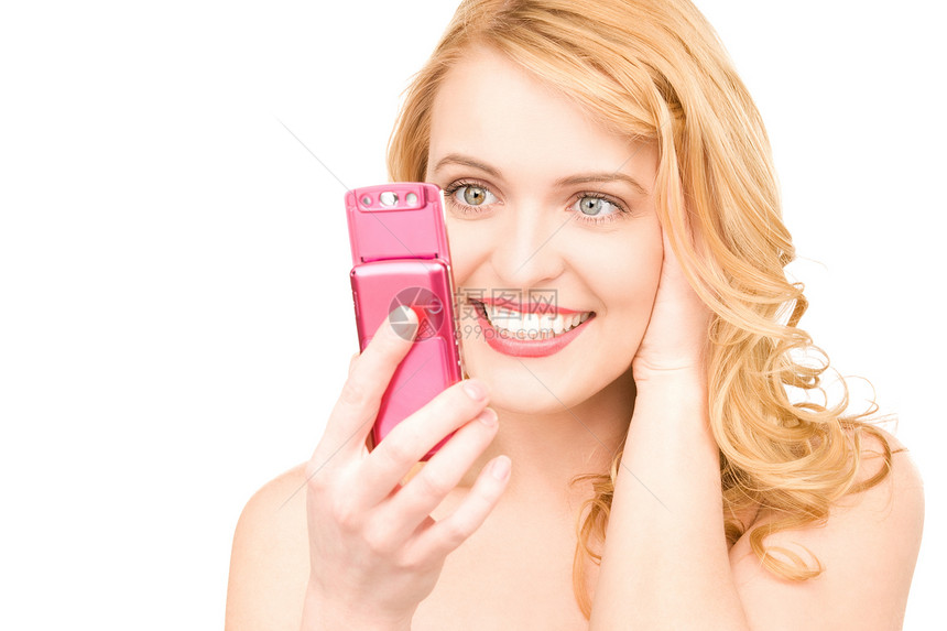 拥有手机的幸福妇女细胞技术微笑上网阅读呼唤邮件冲浪女孩金发女郎图片