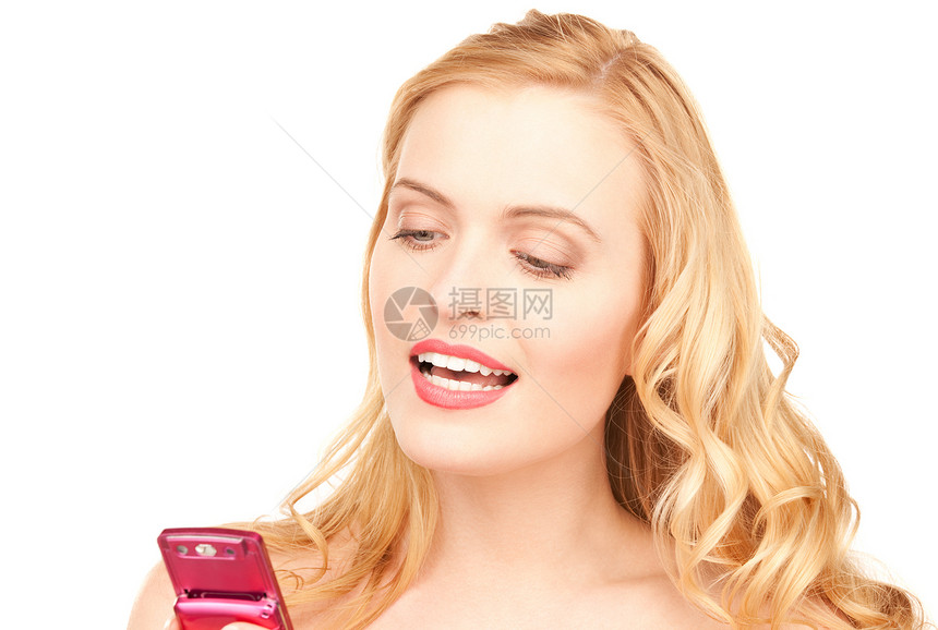 拥有手机的幸福妇女阅读八卦商务细胞人士互联网女孩女性短信商业图片