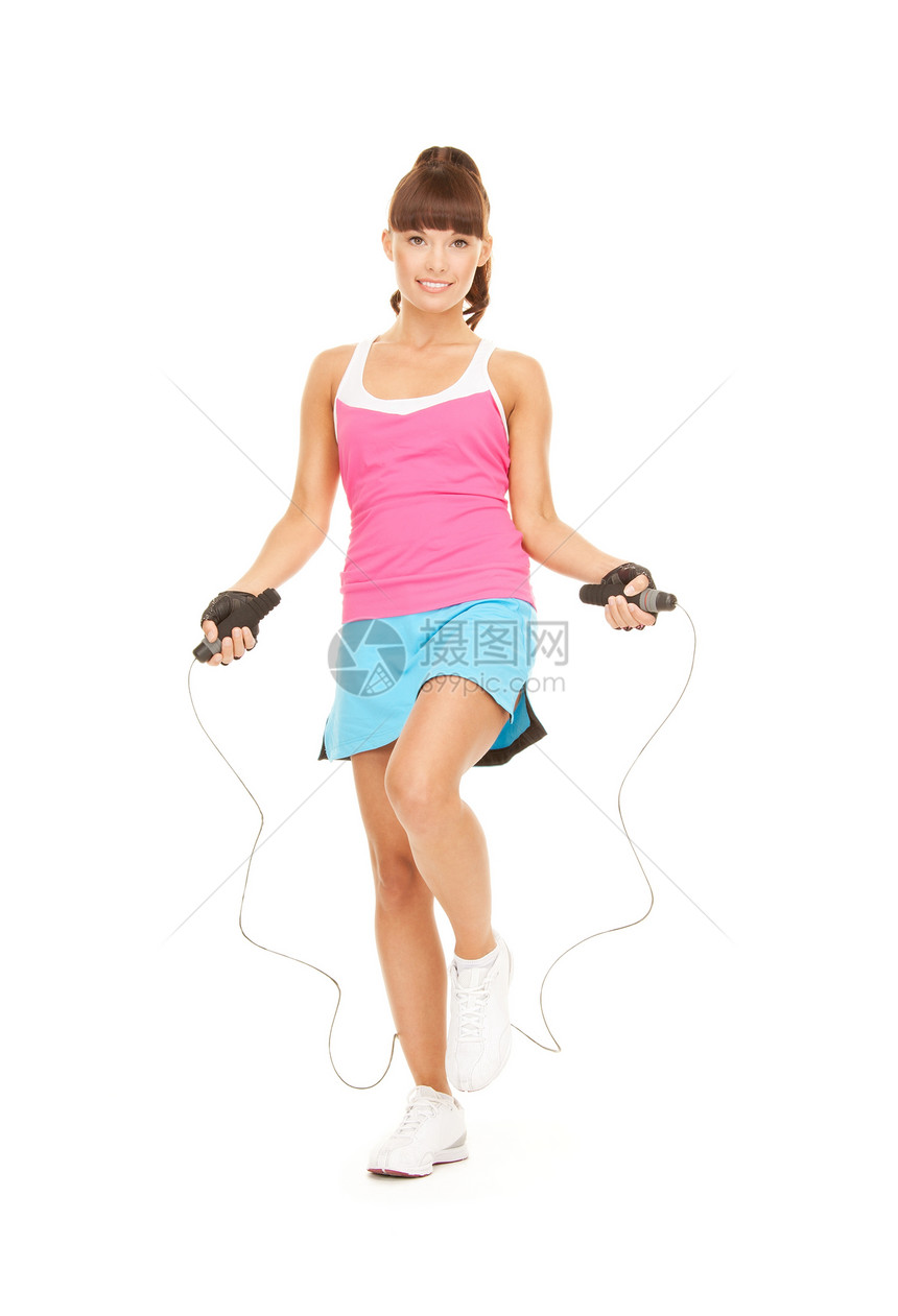 带跳绳的健身教练平衡讲师绳索运动活力女孩训练体操力量快乐图片
