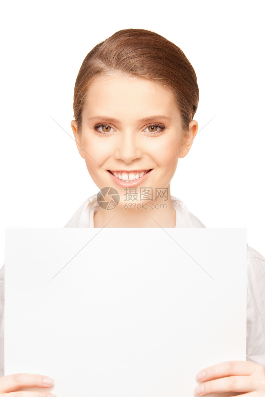带着空白板的快乐少女女孩展示卡片木板空白人士商务床单女性推介会图片