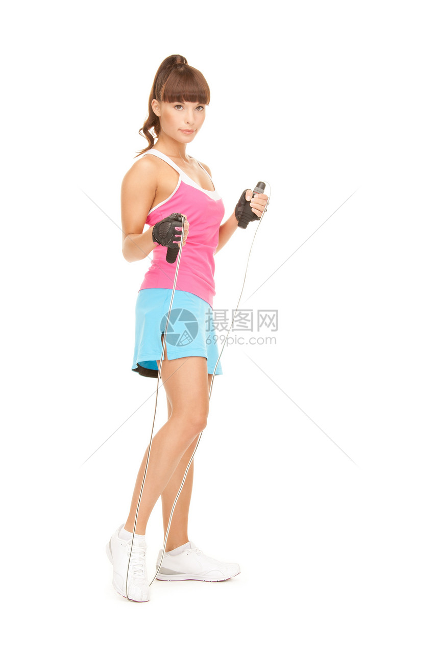 带跳绳的健身教练女孩运动员活力训练平衡黑发快乐讲师运动健身房图片