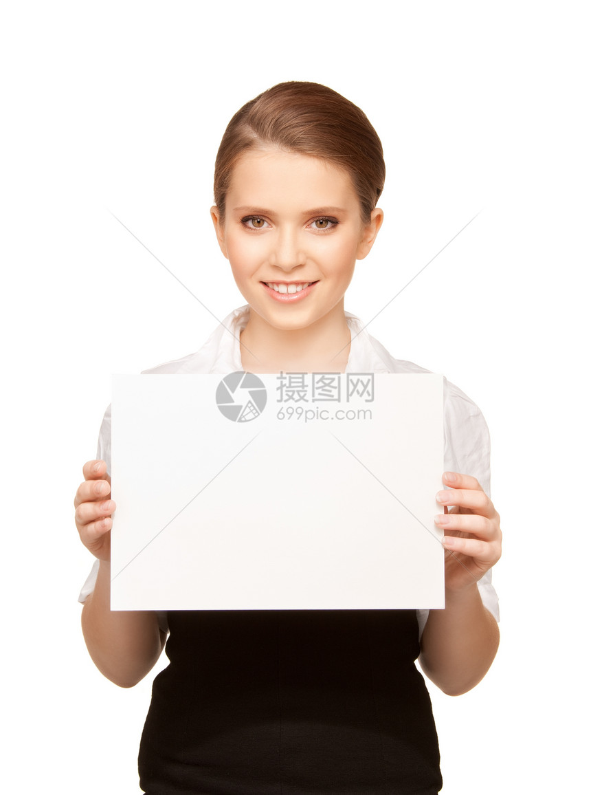 带着空白板的快乐少女白色女性卡片床单推介会女孩青少年空白木板微笑图片