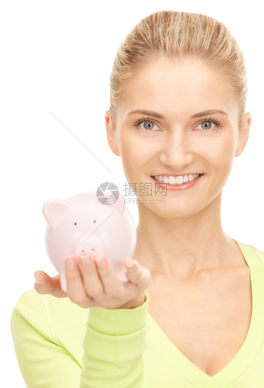 拥有小猪银行的妇女女郎小猪女性幸福微笑金融投资人士商务成人图片