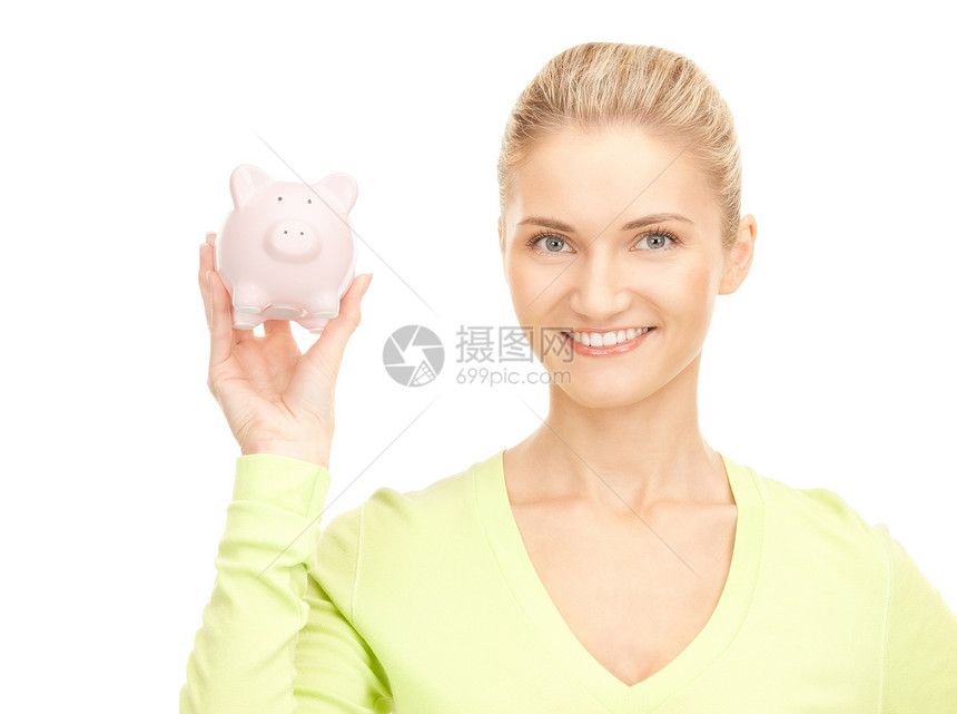 拥有小猪银行的妇女幸福财政小猪金发银行成人商务女郎微笑人士图片