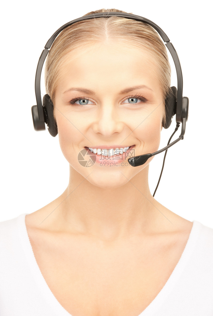 帮助热线助手快乐商业手机服务工人女孩耳机女性微笑