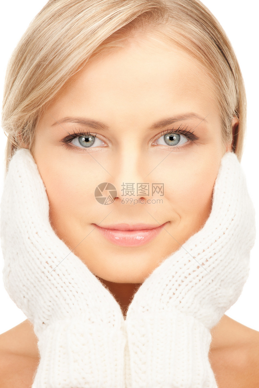 穿白手套的美丽女子羊毛女性护理女孩衣服幸福季节皮肤福利容貌图片