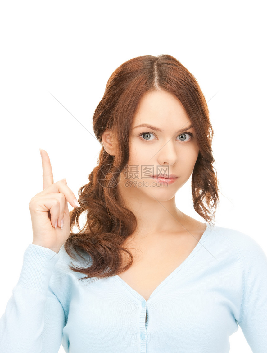 女人的手指举起她的手指成人警报警告女性黑发女孩手臂人士注意力生长图片