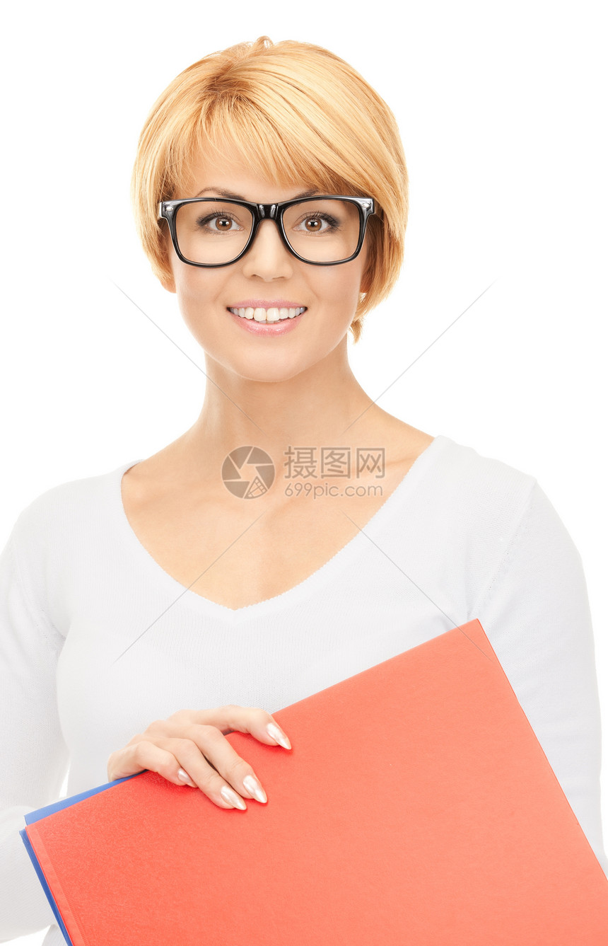 拥有文件夹的女商务人士商务老师经理眼镜微笑人士女孩秘书中年皮士图片