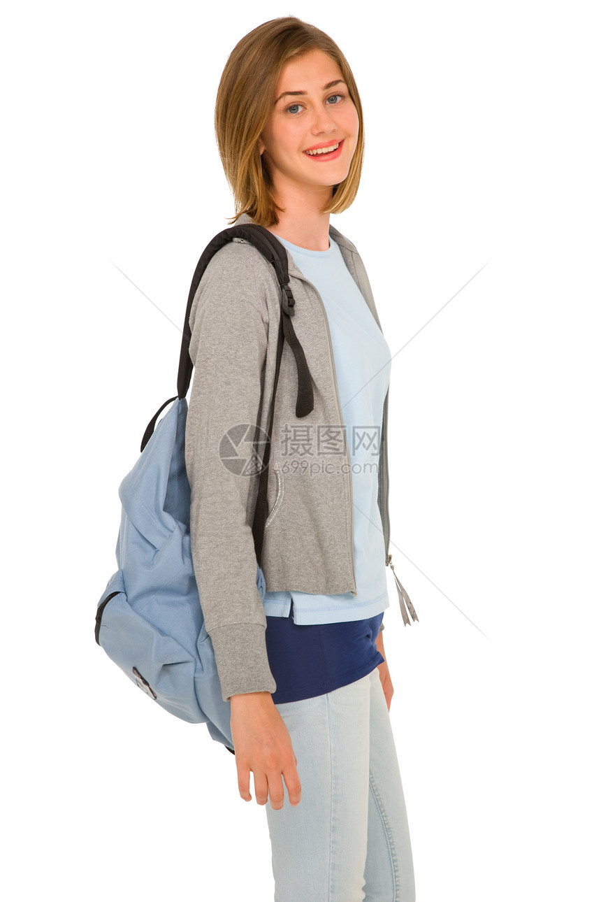 背着背包的少女金发女郎金发微笑学生青少年牛仔裤女孩图片