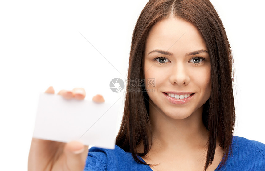拥有名片的妇女人士商务广告空白白色女性快乐女孩卡片商业图片