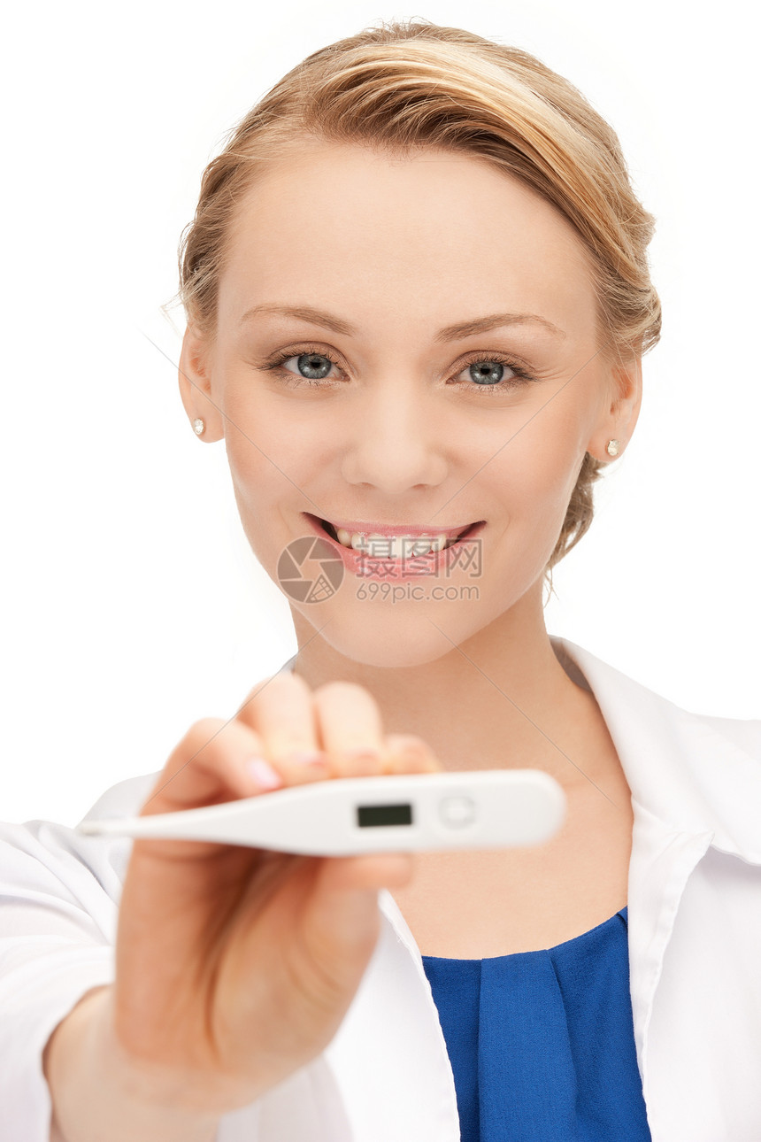 具有温度计的有吸引力的女医生临床女性卫生微笑女孩实验室摄氏度仪表儿科护士图片