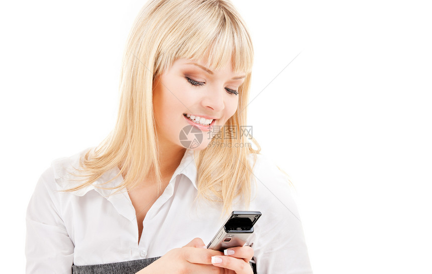 拥有手机的幸福妇女细胞人士电子邮件女性技术冲浪电话短信商务女孩图片