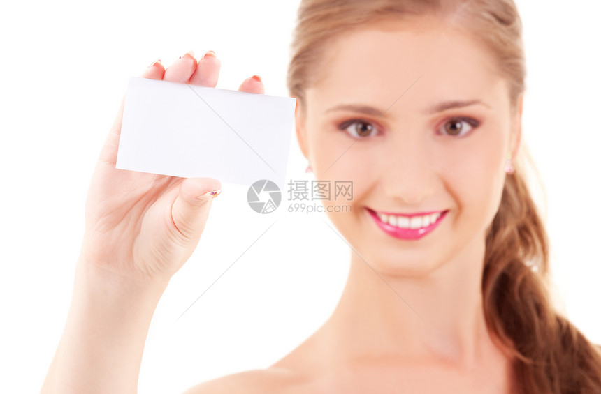 拥有名片的快乐女孩微笑人士空白广告白色商务商业女性卡片青少年图片