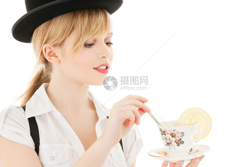 茶杯茶吊带裤柠檬衬衫女孩杯子茶匙用餐女性服务员金发女郎图片