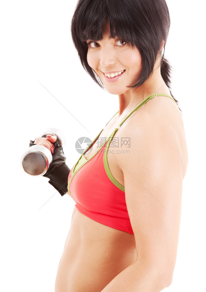 配有哑铃的肌肉健身教练运动活力讲师女性身体金属培训师女士黑发女孩图片