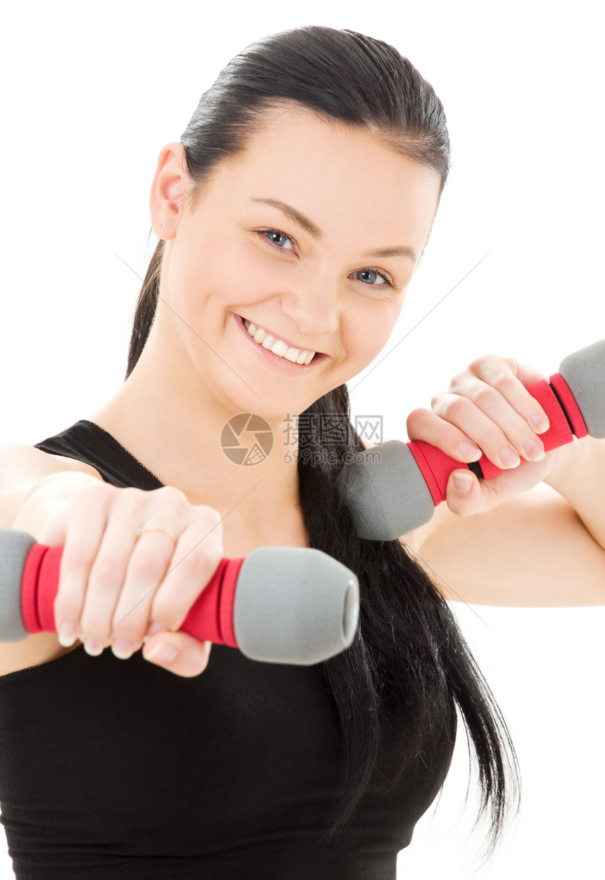 健身教练身体培训师活力哑铃快乐减肥女性运动训练黑发图片