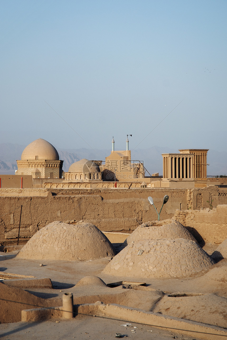 以亚兹德伊兰语显示的屋顶视图穹顶遗产冷却城市沙漠通风建筑物家园建筑学图片
