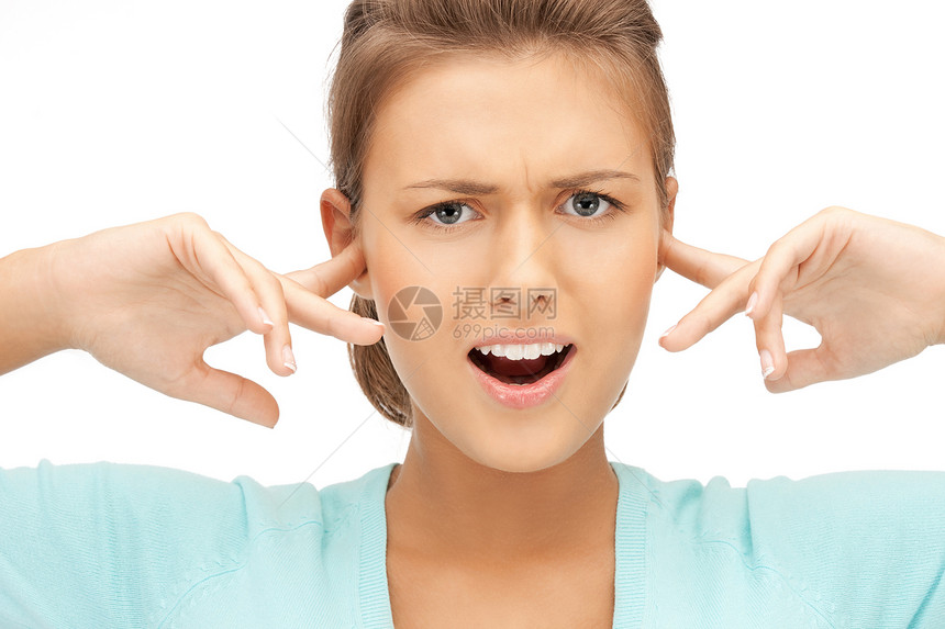 妇女用手指耳聋女性女孩人士压力手势头痛侮辱苦难耳朵商务图片