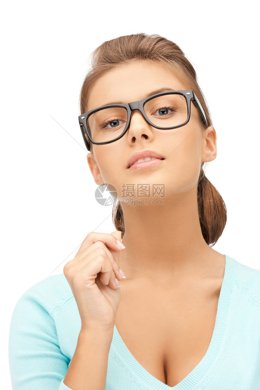 美丽的女子在眼镜中青少年女孩学生人士白色眼睛女性光学商务图片