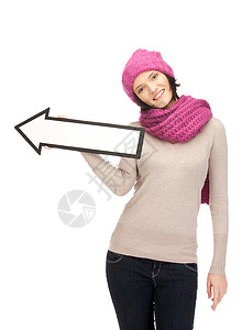 女性方向箭头符号快乐公告微笑帽子女孩行动青少年羊毛围巾衣服背景图片