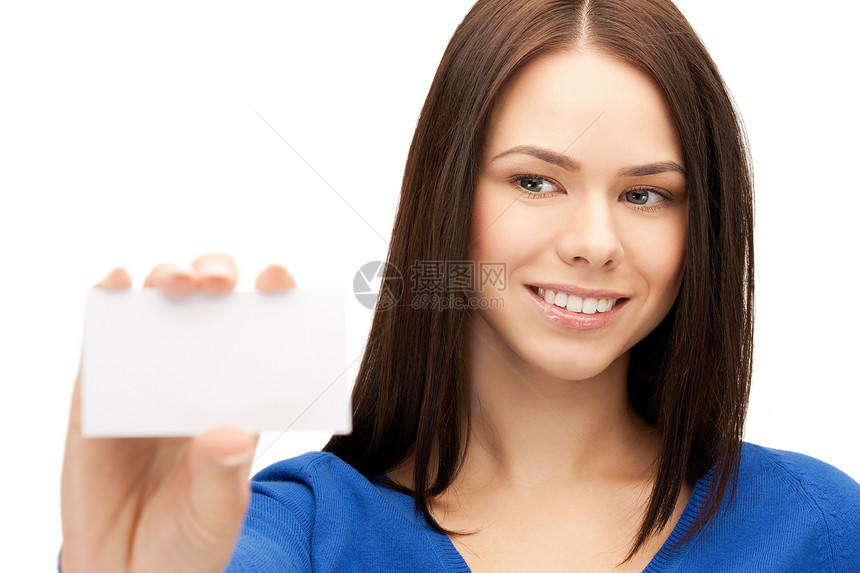 拥有名片的妇女女孩快乐女性广告微笑空白商业商务白色卡片图片