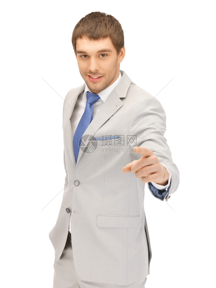 商务人士用手指指着他的手指微笑男性学生指责公告手势快乐手臂工人职员图片