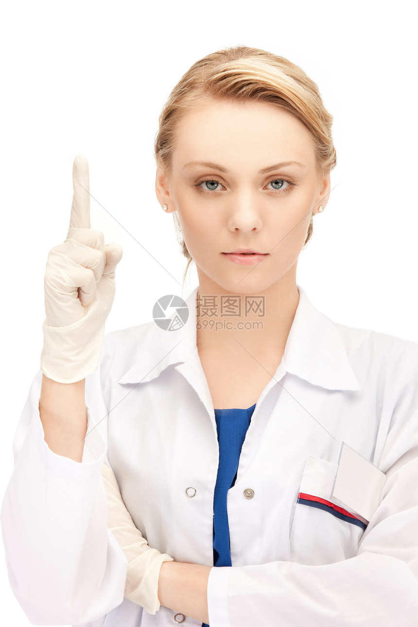 女性医生举起她的手指公告警报手势实验室药品诊所手臂卫生外科注意力图片