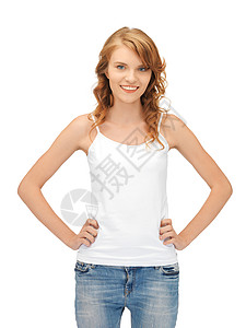 穿着白白白色T恤衫的笑着微笑的少女青少年女士青年快乐衬衫女性空白学生现代的高清图片素材