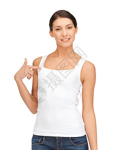 穿着白白白色T恤衫的笑着微笑的少女学生空白女性衬衫青年青少年女士快乐华丽的高清图片素材