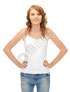 穿着白白白色T恤衫的笑着微笑的少女衬衫学生女士空白青少年青年快乐女性干净的高清图片素材