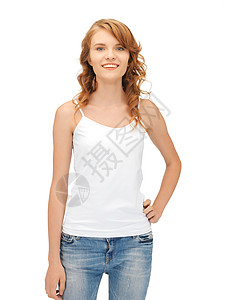 穿着白白白色T恤衫的笑着微笑的少女衬衫女士快乐青年女性学生青少年空白年轻的高清图片素材